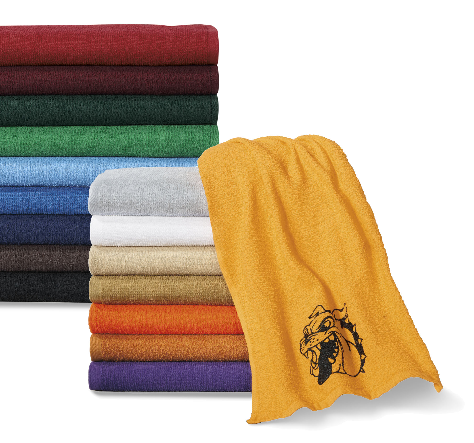 We just added custom rally towels back to our inventory. You can now design your towels with your logo or family members jersey number to show support at an event.